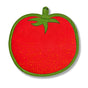 The Neighborgoods’ Pot Holder - Tomato is a red, tomato-shaped cotton kitchen essential with green trim and a stem loop, shown isolated on a white background.
