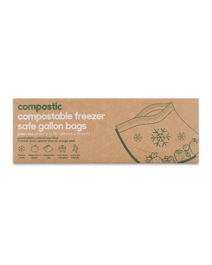 A rectangular box of Compostic compostable freezer safe gallon bags with green text and illustrations of snowflakes and leaves on a brown background. The box highlights that the bags are durable and compostable.