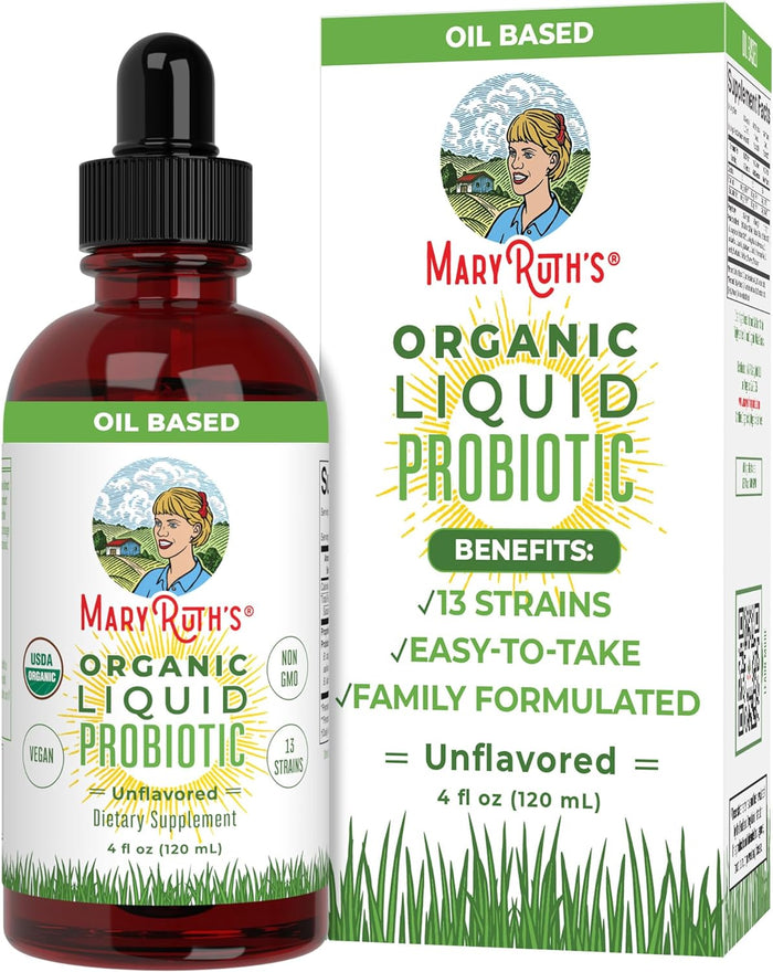 A bottle and box of MaryRuth’s Organic Liquid Probiotic, oil-based, unflavored, 4 fl oz. The packaging highlights its vegan, USDA organic, family formulated, with 13 probiotic strains.