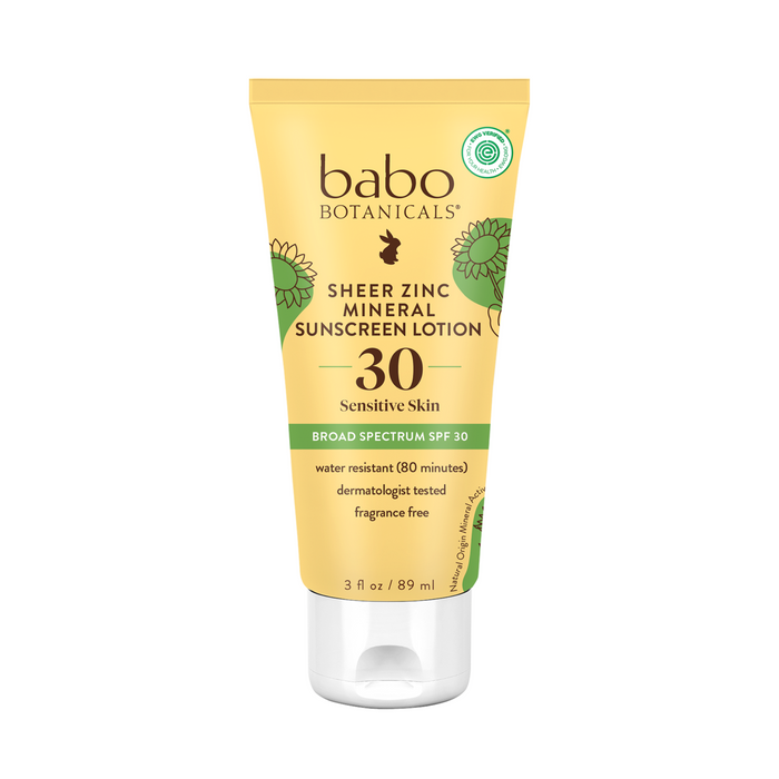 A yellow tube of Babo Botanicals Sheer Zinc Mineral Sunscreen Lotion SPF 30 for sensitive skin, labeled as broad spectrum, water resistant, dermatologist tested, and fragrance free. The tube is 3 fl oz (89 ml).