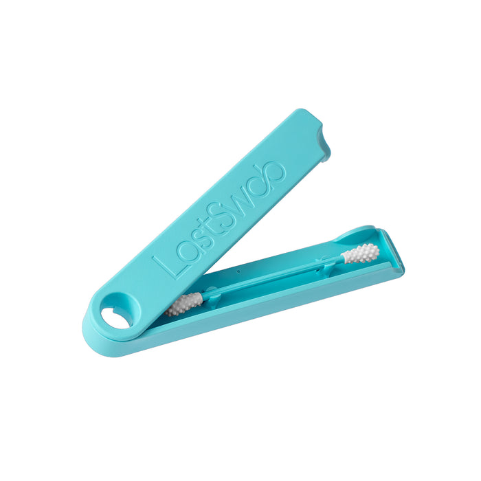 A reusable silicone swab with textured tips rests in an open light blue plastic case labeled LastSwab.