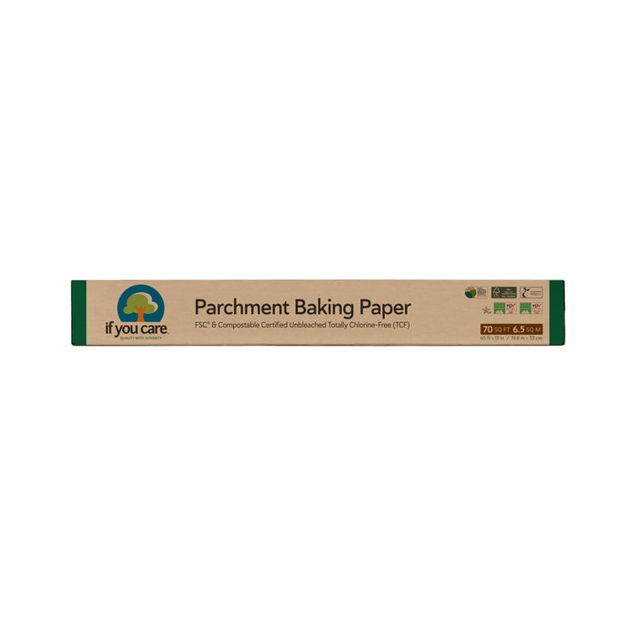 A rectangular box of If You Care Parchment Baking Paper. The packaging is brown with green edges and eco-friendly labels, indicating it is compostable, unbleached, and totally chlorine-free. Size: 70 sq ft, 6.5 sq m.