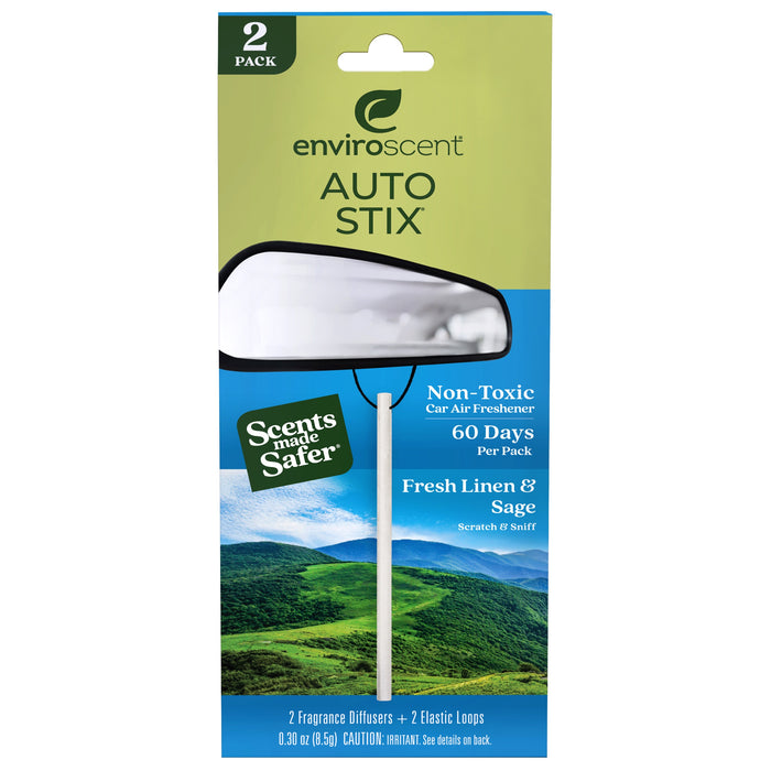 EnviroScent Auto Stix car air freshener packaging in blue and green, featuring a rearview mirror, product stick, and text stating Non-Toxic, 60 Days, Fresh Linen & Sage, and 2 pack.