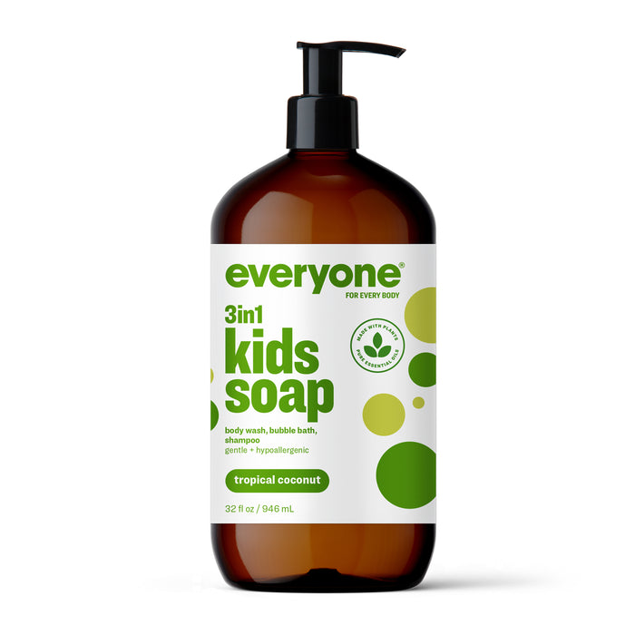 A brown plastic pump bottle labeled everyone 3in1 kids soap in green, with uses as body wash, bubble bath, and shampoo in tropical coconut scent; the label features green and yellow circles.