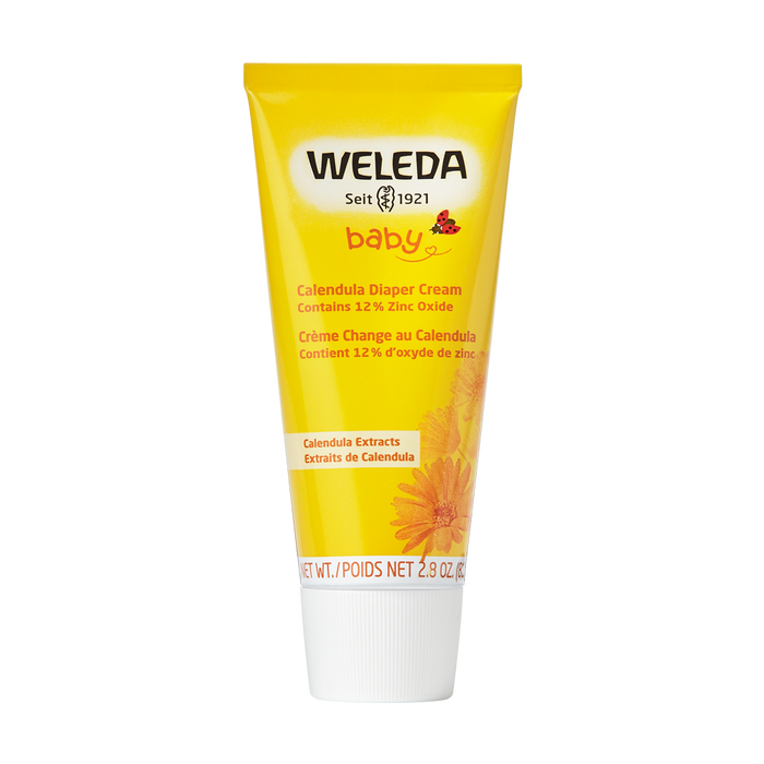 A yellow tube of Weleda Calendula Diaper Cream with a flower illustration, labeled for babies and containing 12% zinc oxide and calendula extracts. The net weight is 2.8 oz.