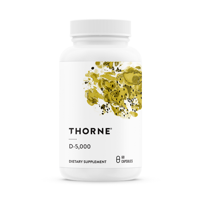 White bottle of Thorne D-5,000 dietary supplement with abstract yellow and green design on the label. Text indicates it contains 60 capsules and 0 unspecified content.