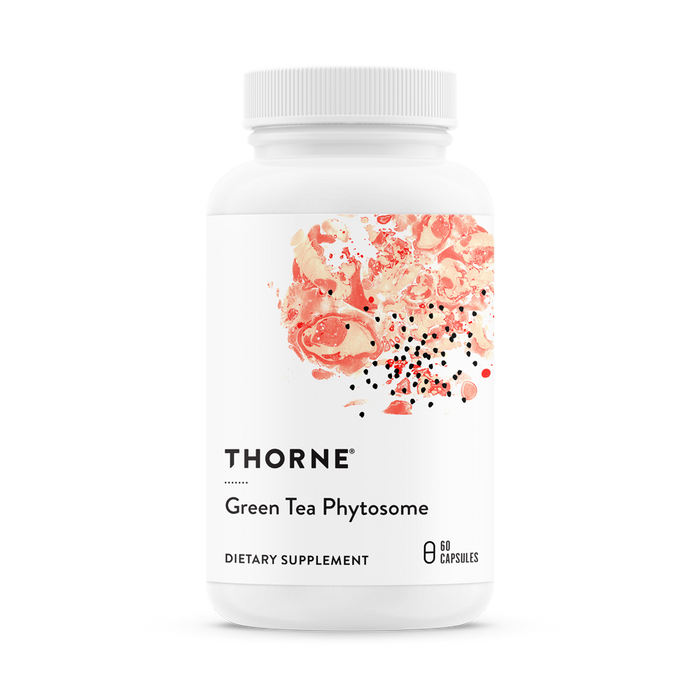 A white bottle of Thorne Green Tea Phytosome dietary supplement with an abstract red and beige design on the label. The bottle contains 60 capsules.