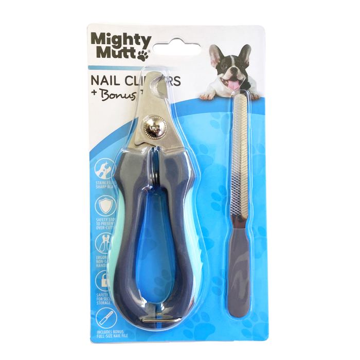Mighty Mutt Nail Clippers packaging, featuring blue-handled nail clippers and a metal nail file. The package includes a cartoon dog and product details.