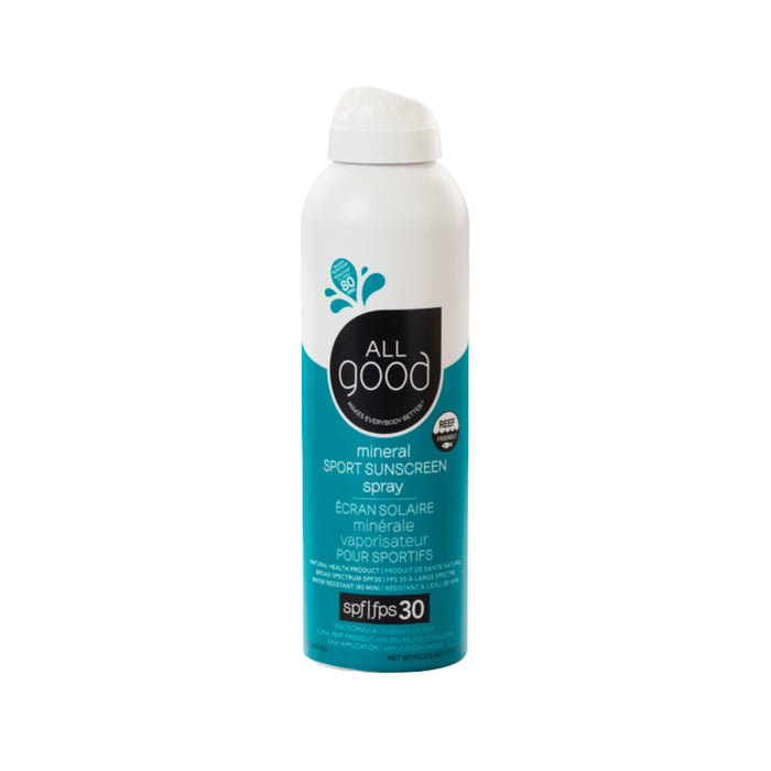 A can of All Good mineral sport sunscreen spray with SPF 30, shown on a white background. The label is teal and white with English and French text.
