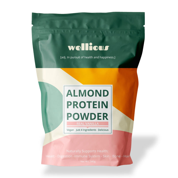 A colorful resealable pouch of Wellious Almond Protein Powder, Real Vanilla flavor. The packaging highlights that it is vegan, has just four ingredients, and supports various aspects of health. Net weight is 340g.