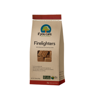 The packaging of If You Cares 100% Biomass Firelighters emphasizes environmentally friendly fire starters made from 100% biomass. These efficient cubes ignite up to 72 fires, merging eco-consciousness with VIP special pricing.