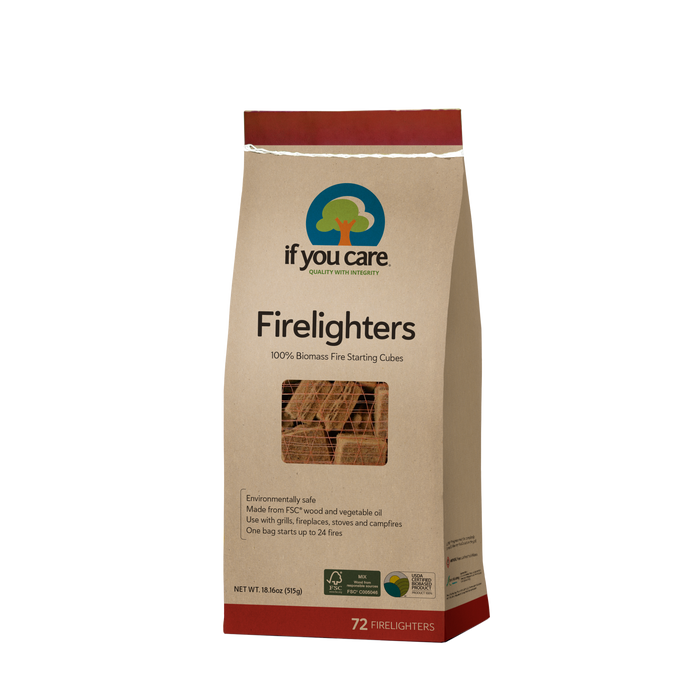 A brown paper bag labeled if you care Firelighters contains 72 fire starting cubes made from 100% biomass. The packaging highlights environmental benefits and shows an image of the firelighters inside.