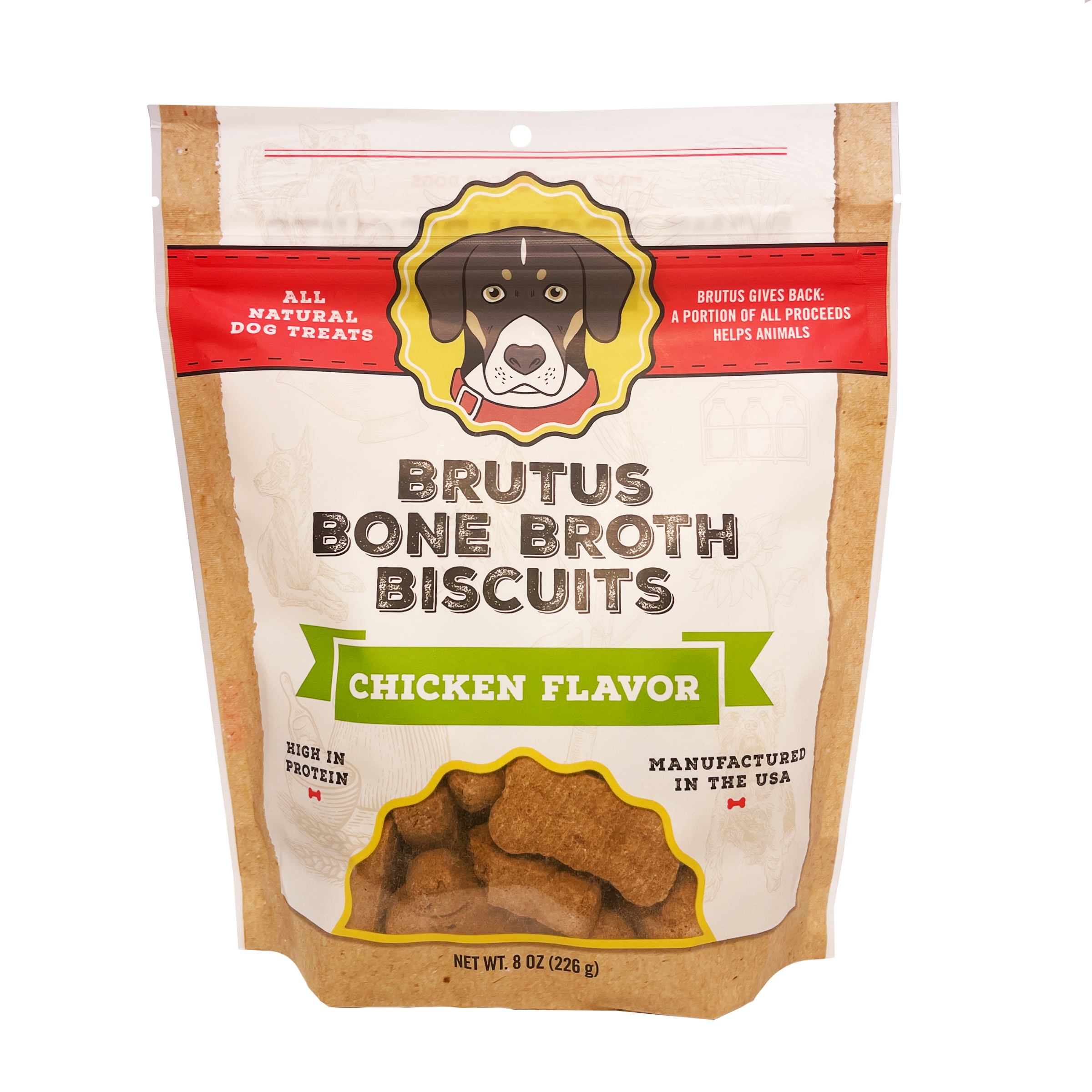 A red and yellow bag of Brutus Broths Brutus Bone Broth Biscuits, chicken flavor, features a cartoon dog and highlights high protein and real meat for joint health. Made in the USA, sales proceeds support animals.