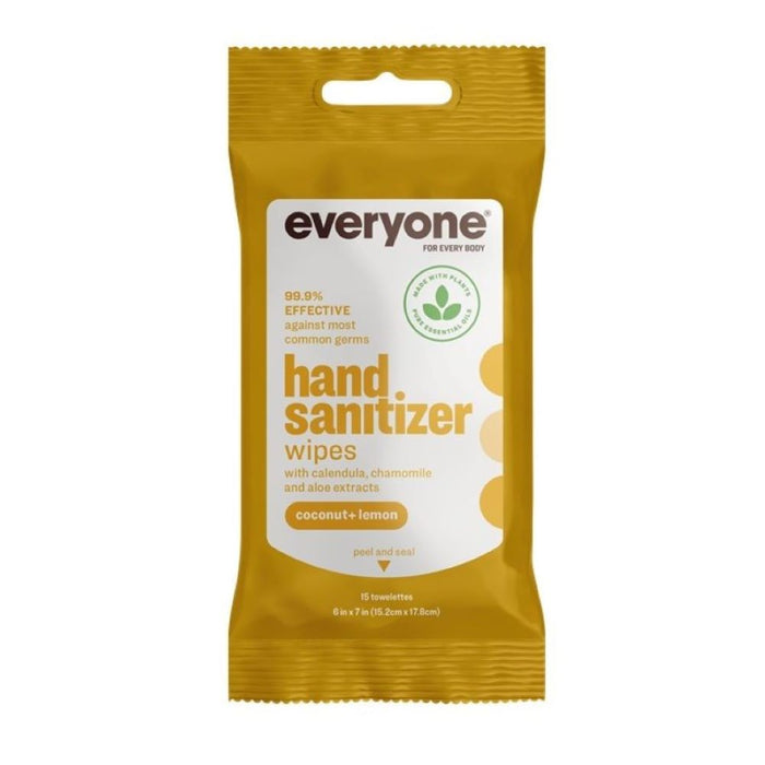 A yellow package of Everyone brand hand sanitizer wipes with coconut-lemon scent, featuring text about its effectiveness against germs and ingredients like calendula, chamomile, and aloe extracts.