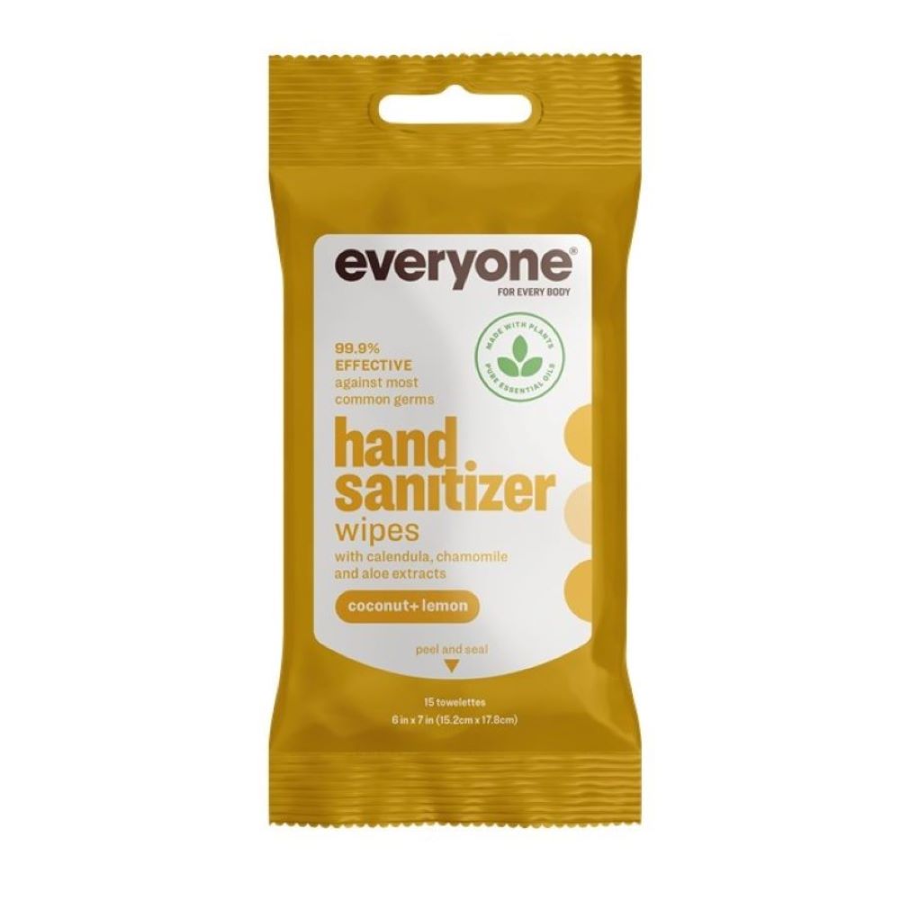 A 15-pack of Everyone Hand Sanitizer Wipes in coconut-lemon scent. The yellow and white packaging highlights its effectiveness against common germs. Enriched with calendula, chamomile, and aloe extracts for a gentle yet effective cleanse.