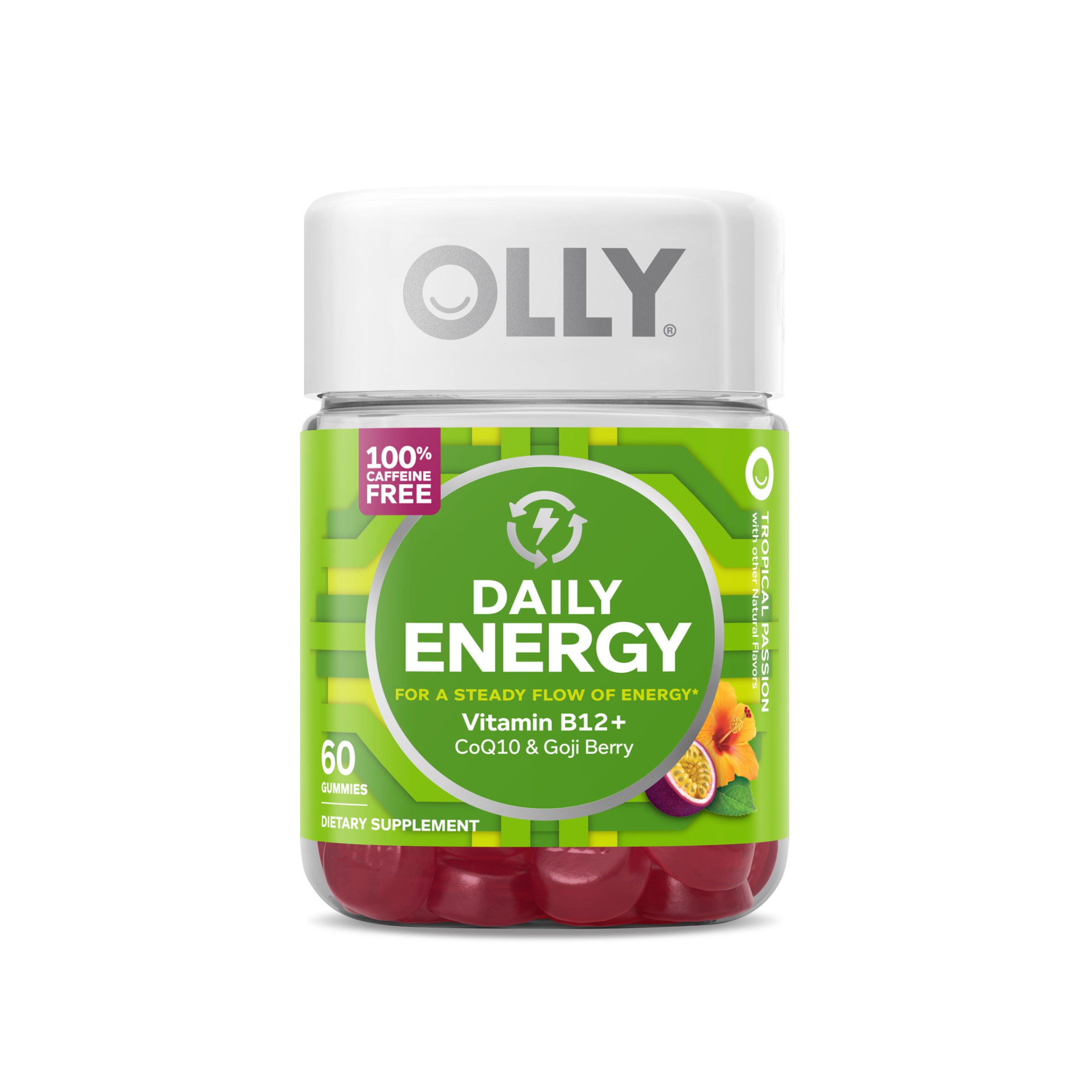 A clear container with a white lid, labeled OLLY Daily Energy, holds 60 caffeine-free red gummies enriched with B12, CoQ10, and Goji Berry for daily vitality. These energy supplements have a tropical passion flavor.