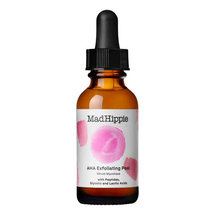 Amber dropper bottle labeled Mad Hippie AHA Exfoliating Peel, featuring pink circular designs. The label highlights ingredients: peptides, glycolic and lactic acids. The bottle has a black dropper cap.