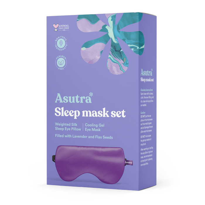 A purple box labeled Asutra Sleep mask set with images of a purple sleep mask and wavy designs, highlighting weighted silk, cooling gel, lavender, and flax seeds. Animal test-free and cruelty-free icons are displayed.
