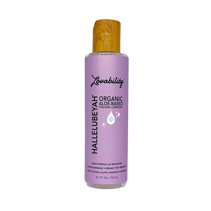 A bottle of Lovability HALLELUBEYAH Organic Aloe-Based Personal Lubricant with a wooden cap and a purple label, featuring moisturizing, pH-balanced, vegan, and hypoallergenic product details.