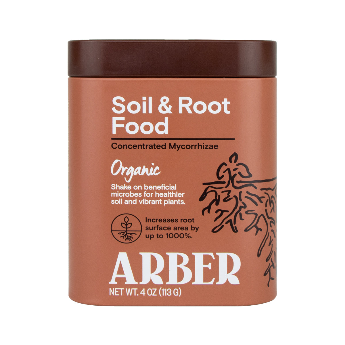 A brown container of Arbers Organic Soil & Root Food boasts a concentrated mycorrhizae formula to increase root surface area by up to 1000%. It weighs 4 oz (113 g) and features a detailed root illustration on the packaging.
