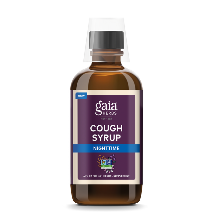 A brown bottle of Gaia Herbs Cough Syrup Nighttime with a purple label, blue accent, and a clear plastic cap. The label notes it is a 4 fl oz (118 mL) herbal supplement.