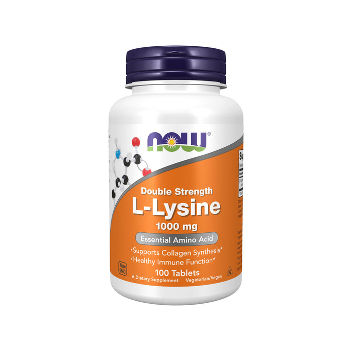 A white bottle of NOW Double Strength L-Lysine 1000 mg tablets. The orange label notes it is an essential amino acid, supports collagen synthesis, immune function, contains 100 tablets, and is vegetarian/vegan.