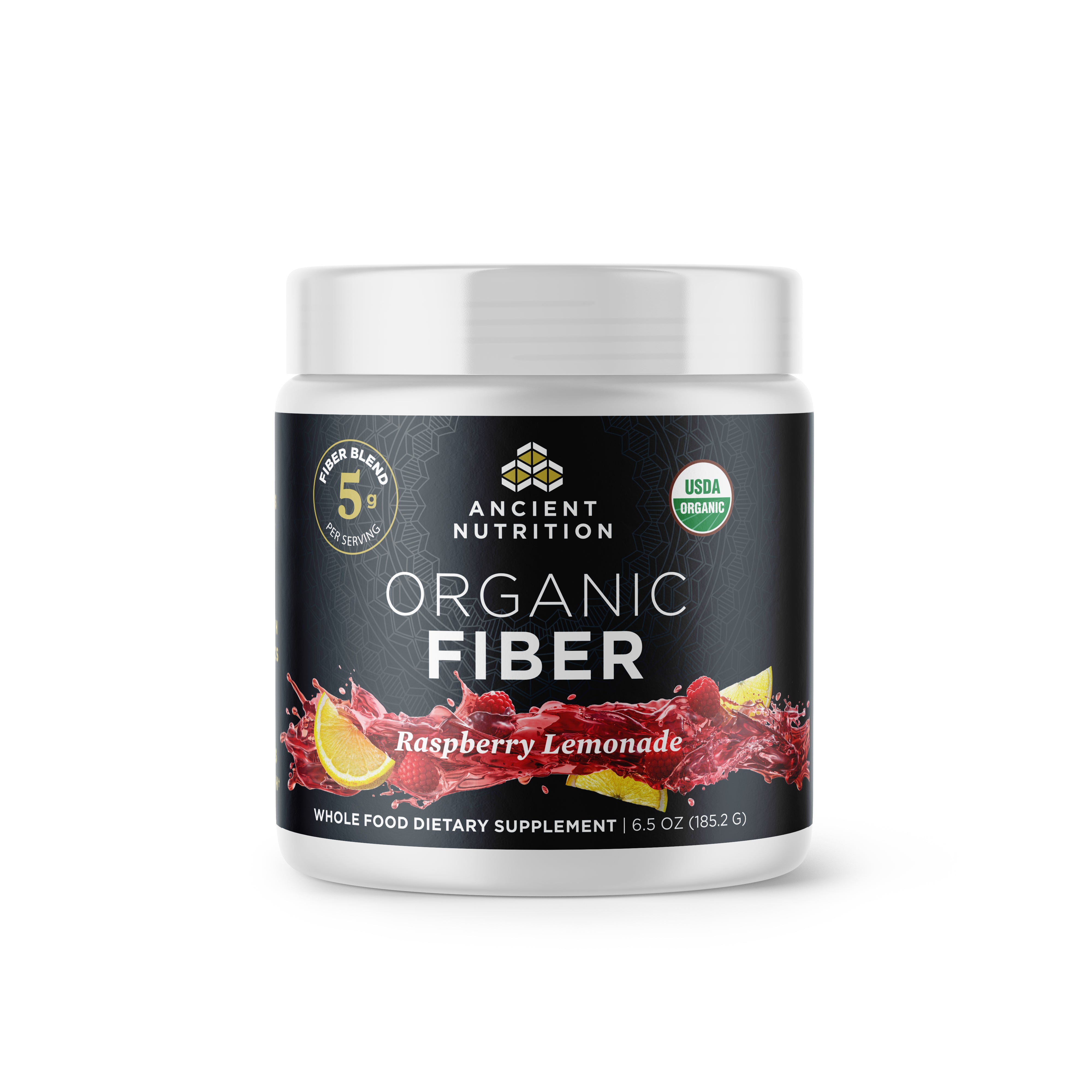 Ancient Nutrition Organic Fiber Powder in raspberry lemonade flavor comes in a 6.5 oz container, featuring 5g fiber blend with konjac root and acacia fiber, is USDA organic, and displays vibrant raspberries and lemon slices on the label.