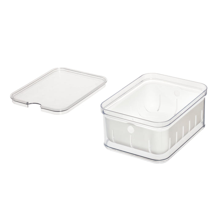 A clear rectangular plastic container with a matching transparent lid placed beside it on a white background.