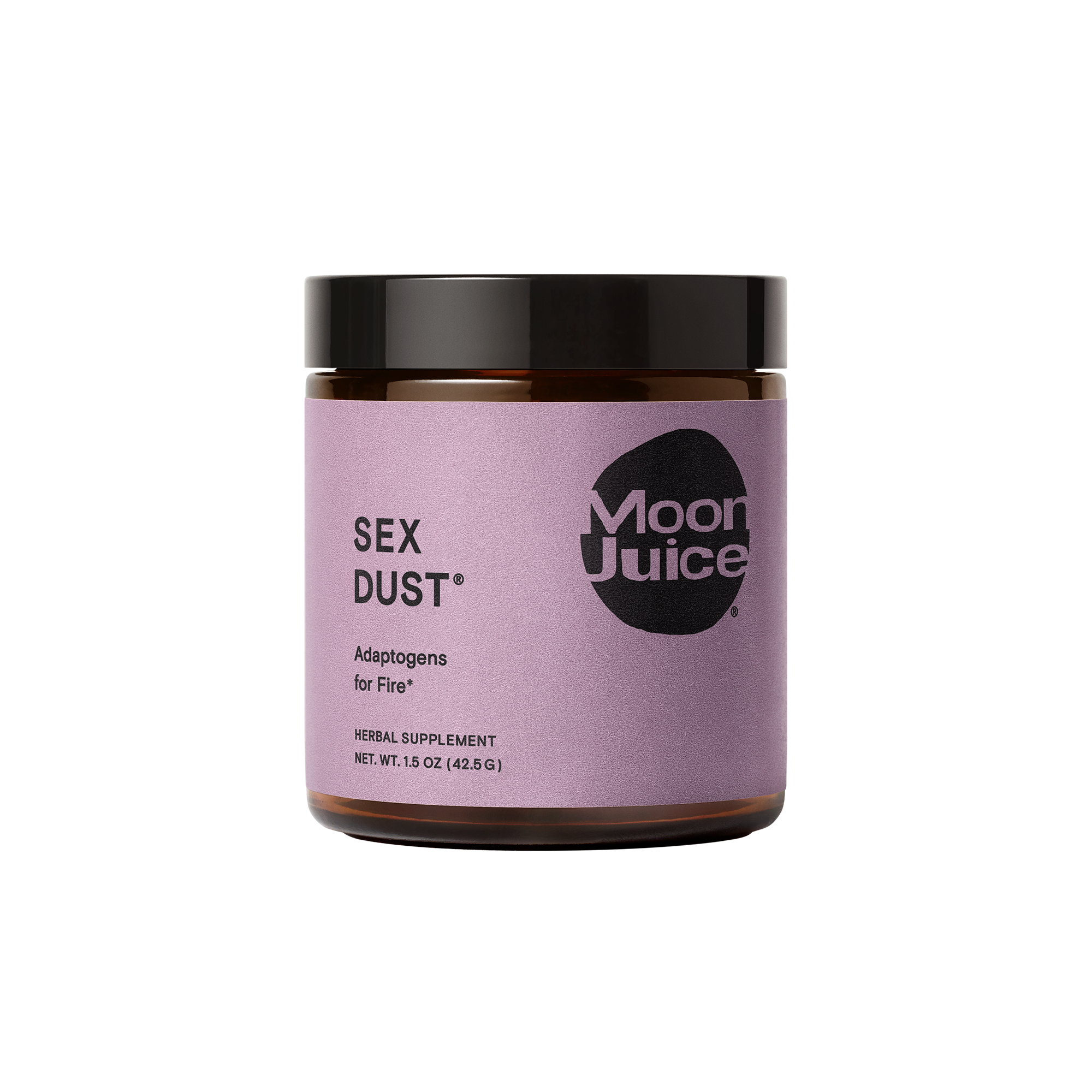 A jar of Moon Juices Sex Dust features a purple label and black lid, containing a 1.5 oz herbal supplement designed for libido support and boasting adaptogens for hormonal balance and creative energy.