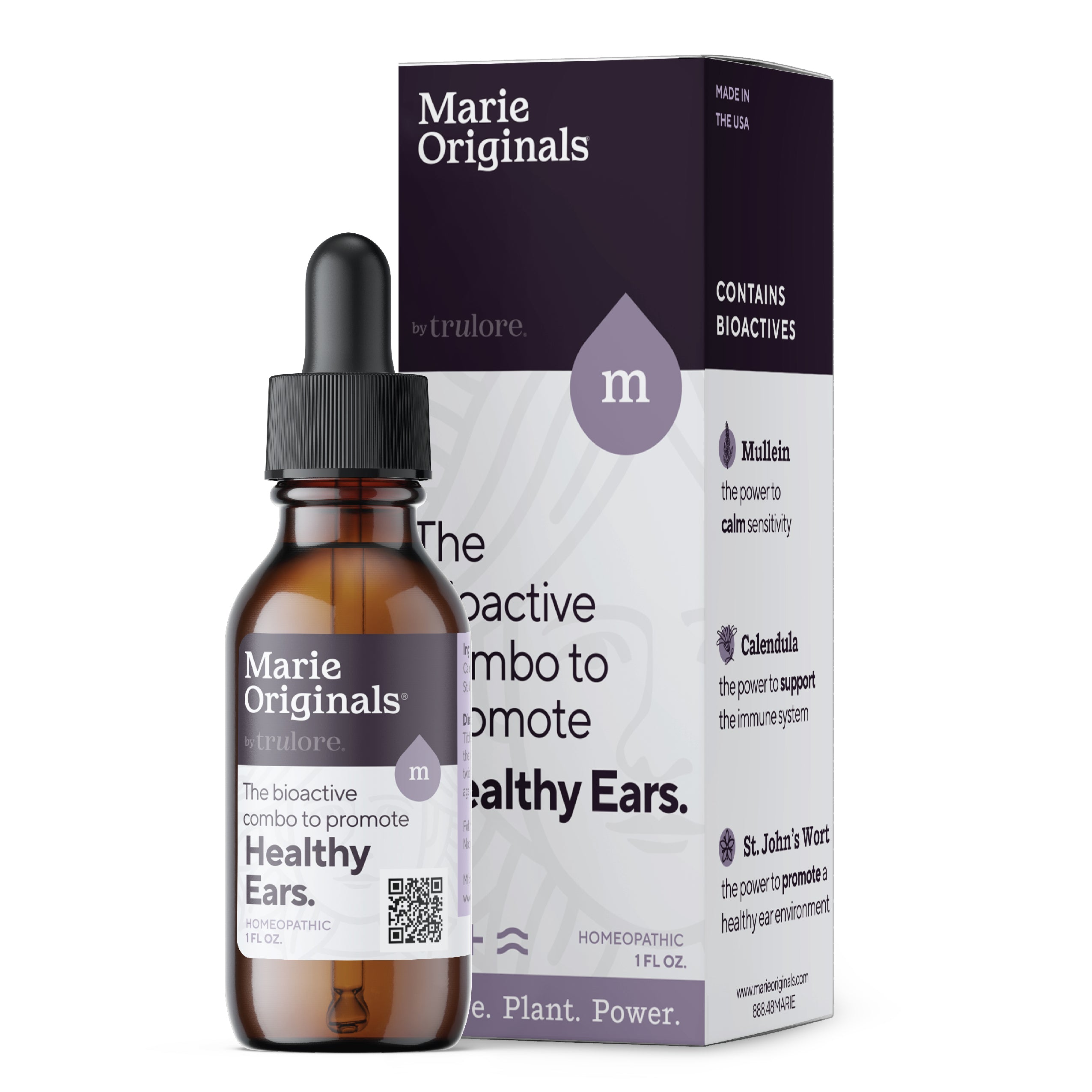 A Marie Originals amber dropper bottle labeled Healthy Ear Oil is displayed in front of a box highlighting anti-inflammatory ingredients such as Mullein, Calendula, and St. Johns Wort to promote ear health. This homeopathic product is made in the USA.