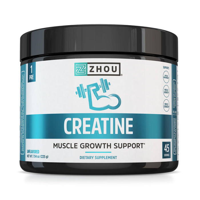 A container of Zhou Nutrition Creatine dietary supplement, labeled Muscle Growth Support, with a blue and white design, 45 servings, net weight 225g, and an illustration of a muscular arm lifting a dumbbell.