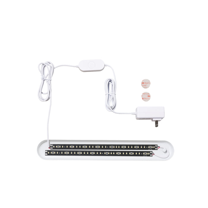 LED strip light kit with a power adapter, inline switch, attached cable, and two adhesive pads, all arranged neatly on a white background.