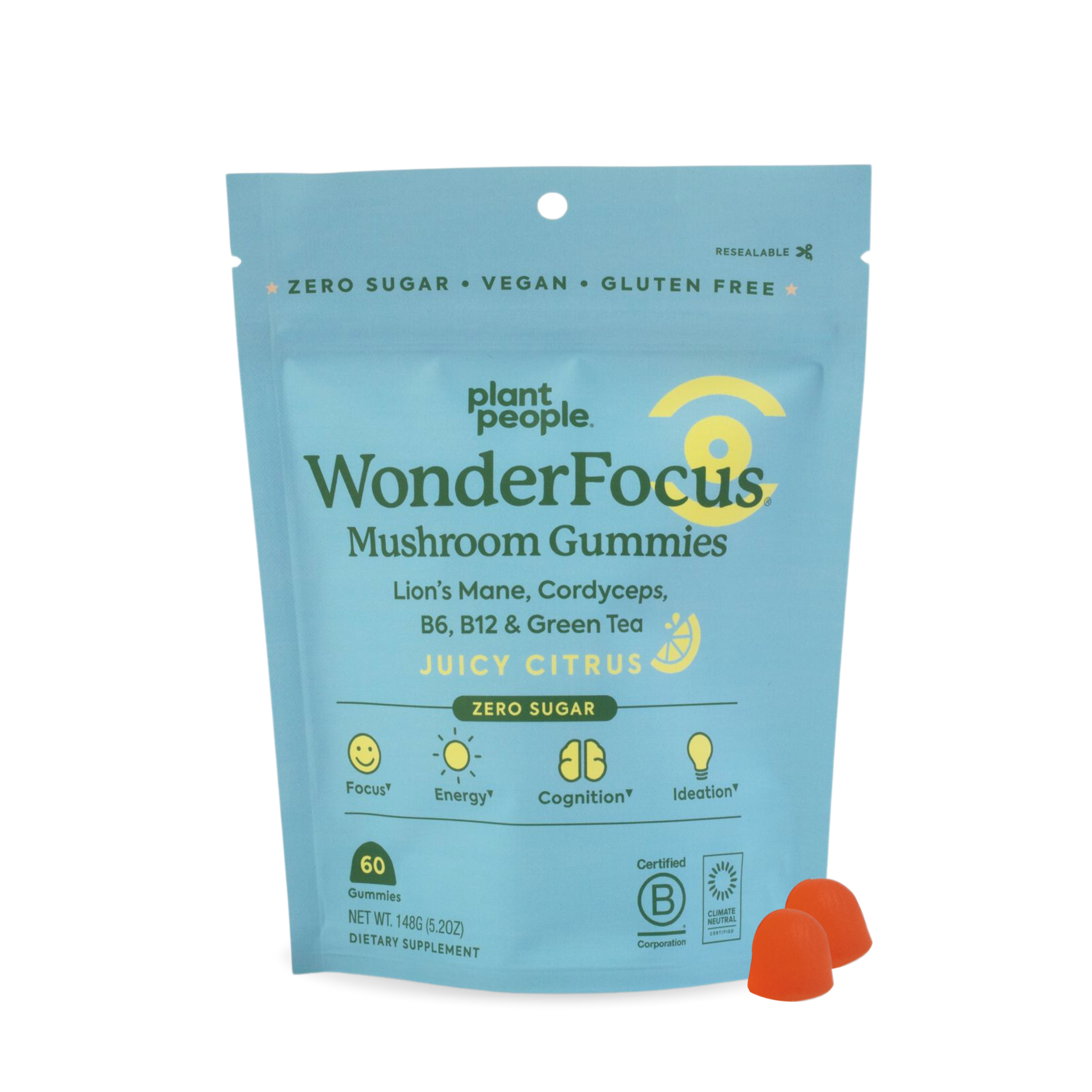 A blue WonderFocus - Super Mushroom Gummies package from Plant People is enriched with Lion’s Mane and Cordyceps, highlighting energy enhancement and cognition benefits. Two orange gummies shown offer a focus boost.