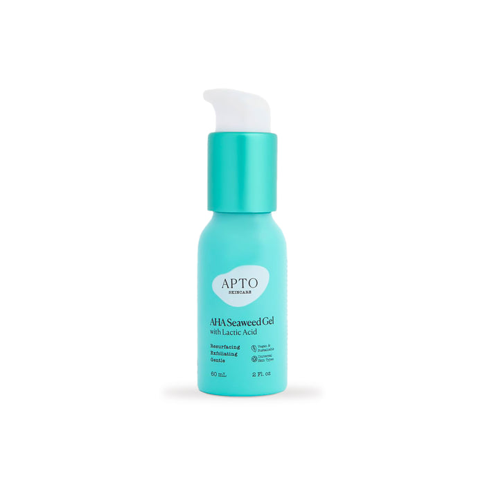 A turquoise bottle with a white pump labeled APTO AHA Seaweed Gel with Lactic Acid for revitalizing skincare, 60 mL (2 fl. oz.), standing upright on a white background.