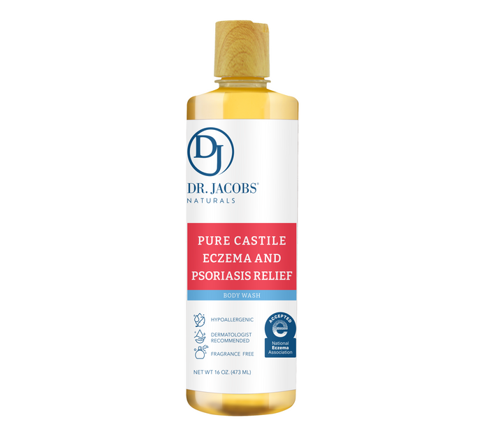 A bottle of Dr. Jacobs Naturals Pure Castile Eczema and Psoriasis Relief Body Wash with a wood-style cap, white label, and red accent, featuring hypoallergenic and dermatologist-recommended icons.