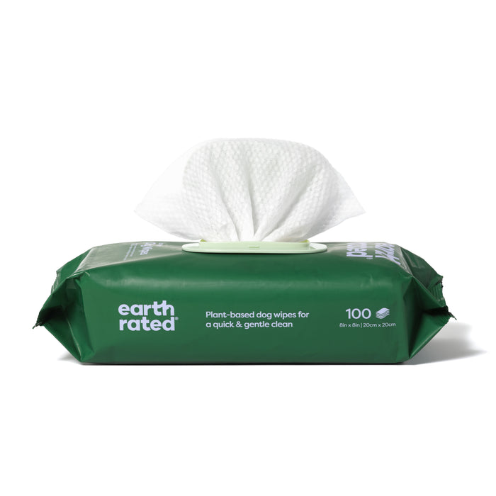 A green package of Earth Rateds hypoallergenic Large Dog Grooming Wipes, ideal for natural pet care, features an open top with a visible wipe. This plant-based option includes 100 wipes, each 8 inches square.