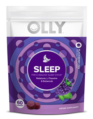 The OLLY Sleep Refill offers 60 Melatonin-rich gummies with L-Theanine and botanicals in a soothing blackberry flavor. The design features purple and white tones with blackberry and moon illustrations.