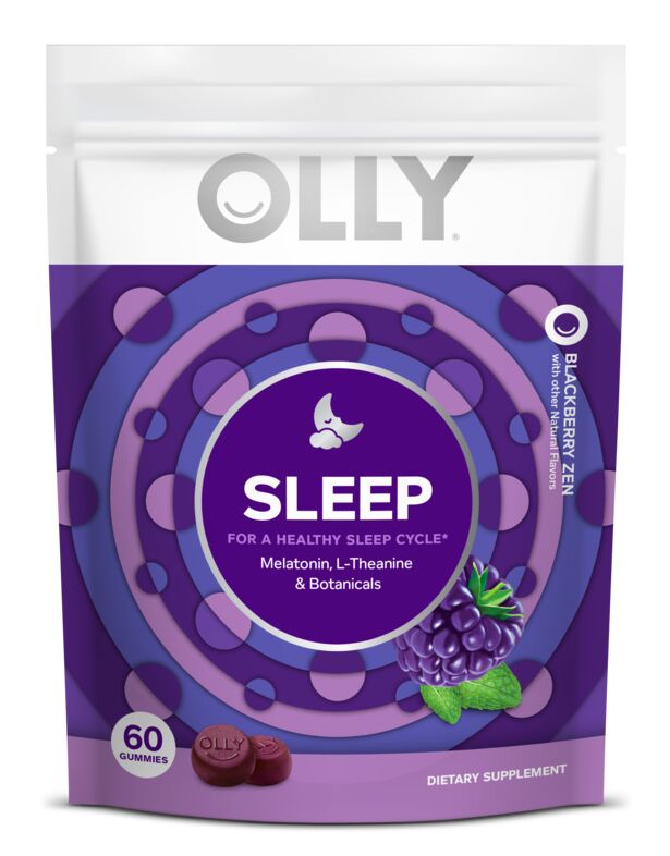 A purple pouch of OLLY Sleep gummies, labeled for healthy sleep cycle support with melatonin, L-theanine, and botanicals. Features a moon icon, blackberry imagery, and contains 60 gummies.