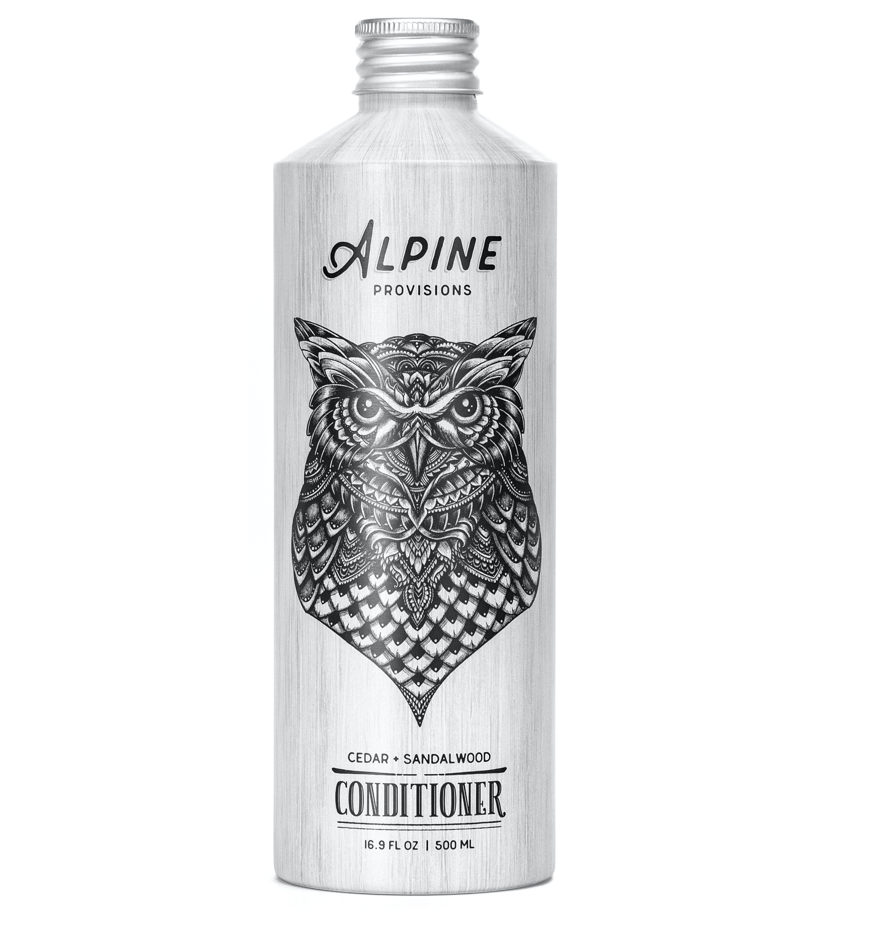 Alpine Provisions Conditioner, in a silver bottle with a detailed black owl design, features Cedar + Sandalwood and is labeled 18.5 fl oz / 500 ml, making it a standout moisturizing option in natural hair care.
