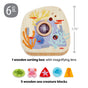 HABA Underwater World Wooden Shaper Sorter Toy featuring an irregular-shaped wooden sorting board with a magnifying lens center and five wooden sea creature blocks: a turtle, crab, starfish, fish, and seahorse.