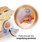 HABA Underwater World Wooden Shaper Sorter Toy, 18+ Months featuring a magnifying porthole that reveals a colorful underwater scene with a crab, a treasure chest, and the text Peek through the magnifying porthole!.