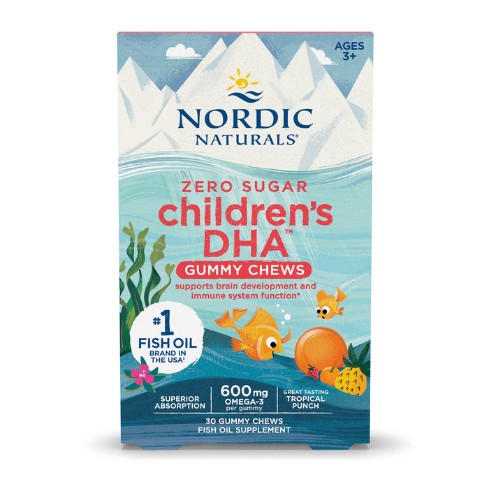 Front of a box of Nordic Naturals Zero Sugar Children’s DHA Gummy Chews, tropical punch flavor, featuring cartoon sea animals and highlighting omega-3, brain, and immune support for ages 3+.