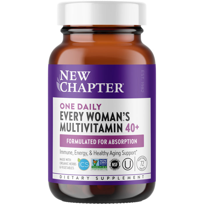 A brown bottle labeled New Chapter One Daily Every Woman’s Multivitamin 40+, formulated for absorption and supporting immune, energy, and healthy aging; includes certifications and dietary supplement details on the label.