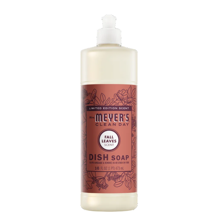 A 16 fl oz clear bottle of Mrs. Meyer's Dish Soap with a beige floral label and white flip-top cap, featuring Fall Leaves scent and a natural degreaser formula for tough kitchen messes.