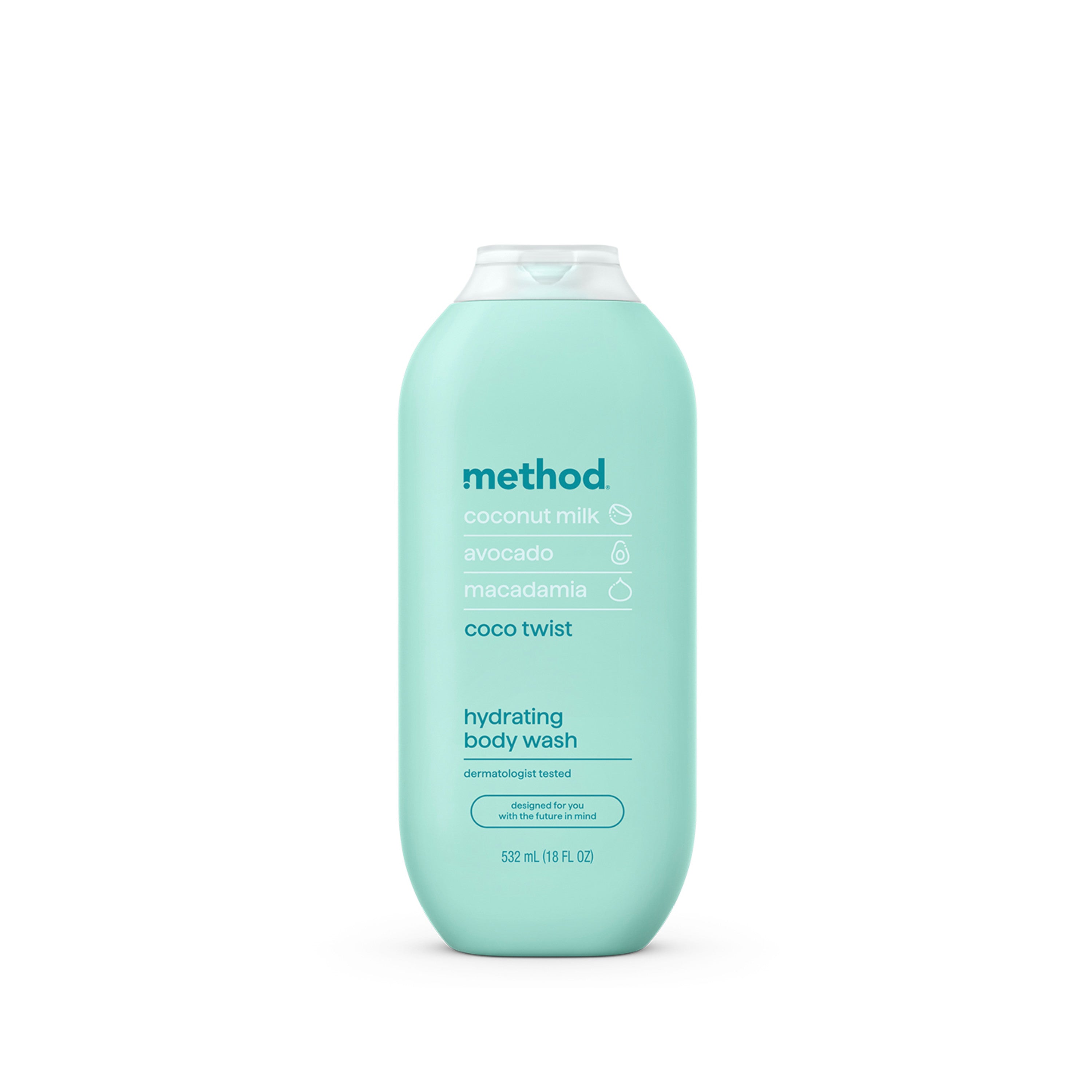 Methods hydrating coco twist, a dermatologist-tested body wash in a 532 mL (18 fl oz) light blue bottle, features a cruelty-free formula with coconut milk, avocado, and macadamia. The bottle is made from recycled plastic.