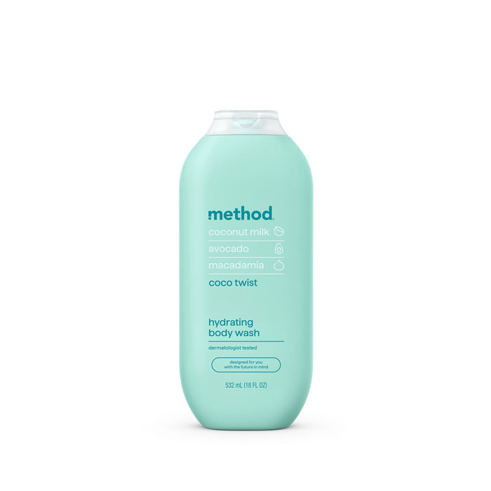 A light teal bottle of Method hydrating body wash with coconut milk, avocado, and macadamia, labeled coco twist. The bottle has a white cap and minimalist text on the front.