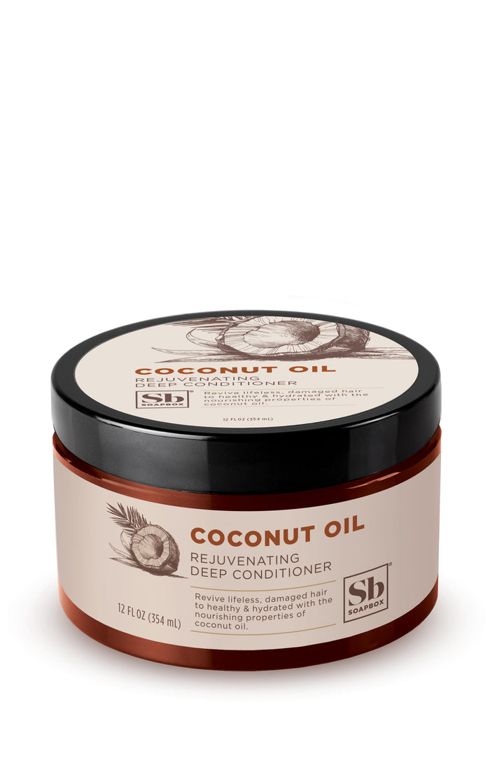 A round jar of Soapbox Coconut Oil Rejuvenating Deep Conditioner with a black lid and beige label, featuring a coconut illustration and product details in brown text. The container holds 12 fl oz (354 ml).