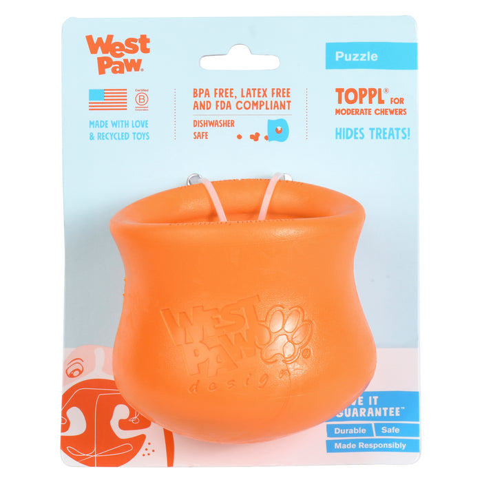 An orange West Paw Toppl dog toy is displayed in its packaging, labeled as BPA-free, latex-free, dishwasher safe, and suitable for hiding treats. The package highlights its durability, safety, and eco-friendly materials.