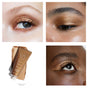 Four images: three close-ups of eyes with shimmering bronze eyeshadow and one of a tube labeled MS with a bronze swatch. The eyeshadow is shown on different skin tones; the shade is named flare.