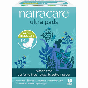 The Natracare Ultra Pads Regular with Wings packaging features floral designs and highlights its plastic-free, perfume-free nature. It has a 100% organic cotton cover, includes 14 pads, and displays the 1% for the Planet logo.